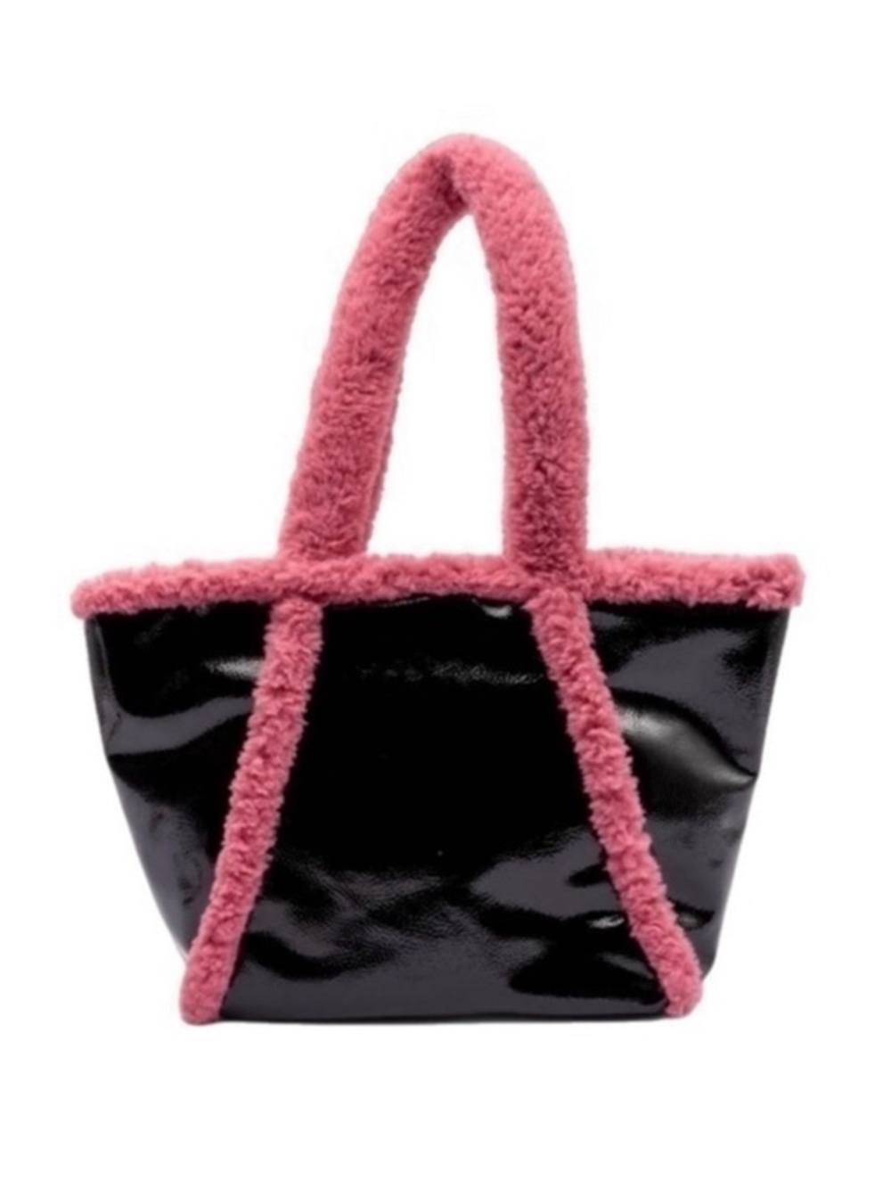 Skinny Dip | Alexa Tote Bag Black Patent Vegan Leather Pink Sherpa Trim